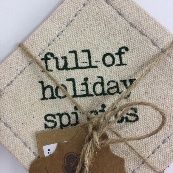 Mud Pie H1 Full of Holiday Spirits Christmas 4"x4" Canvas Coaster Set 42500110S - Picture 1 of 6